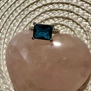 Elegant Emerald Cut Simulated Blue Sapphire and CZ .925 Sterling Silver Ring